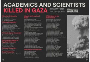 image of a list of academics killed in Gaza, October 2023-January 2024.